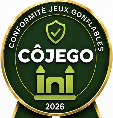 Macaron CÔJEGO « Conformité jeux gonflables », millésime 2026