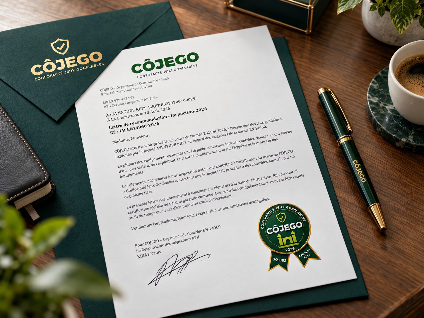 Lettre de recommandation CÔJEGO posée sur un bureau, avec le macaron de conformité